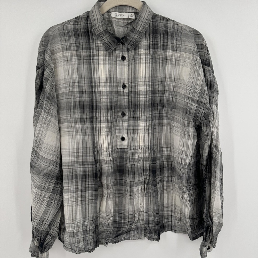 Masai Copenhagen Shirt Womens Small Gray Black Plaid Button Up‎ Long Sleeve Top